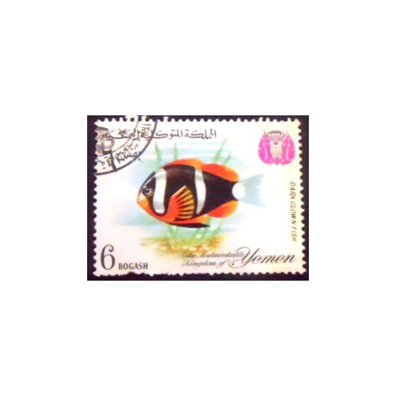Imagem do selo postal do Reino de Yemen de 1967 Dark Clown Fish anunciado