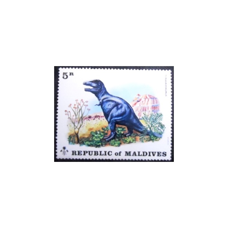Imagem do selo postal das Maldivas de 1972 Tyrannosaurus anunciado