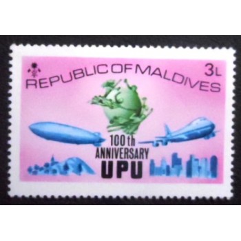Imagem do selo postal das Maldivas de 1974 UPU Emblem anunciado