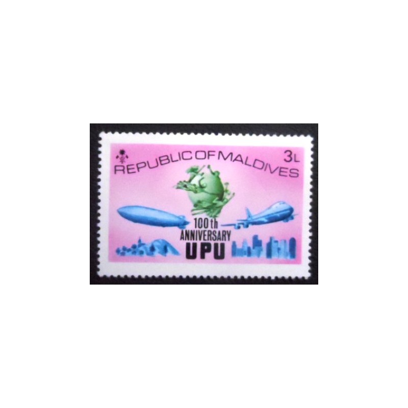 Imagem do selo postal das Maldivas de 1974 UPU Emblem anunciado