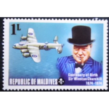 Imagem do selo postal das Maldivas de 1974 Churchill and Avro Type 683 Lancaster anunciado