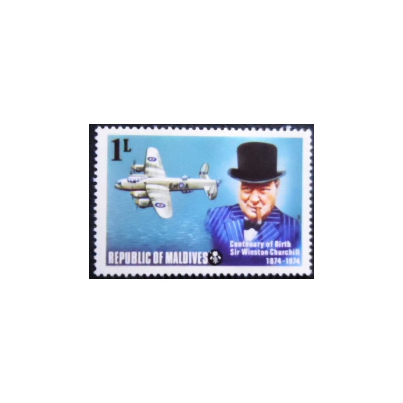 Imagem do selo postal das Maldivas de 1974 Churchill and Avro Type 683 Lancaster anunciado