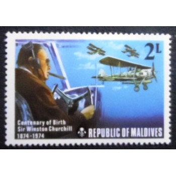 Imagem do selo postal das Maldivas de 1974 Churchill as pilot in Fairey Swordfish anunciado