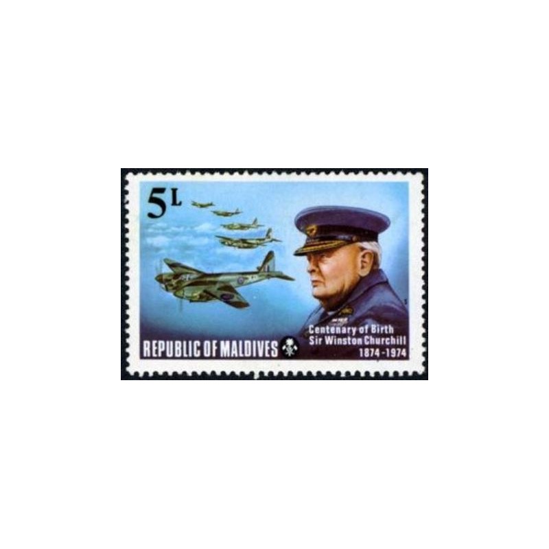 Imagem do selo postal das Maldivas de 1974 Churchill and De Havilland Mosquito bombers anunciado