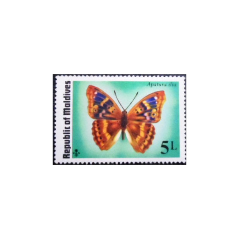 Imagem do selo postal das Maldivas de 1975 Lesser Purple Emperor anunciado