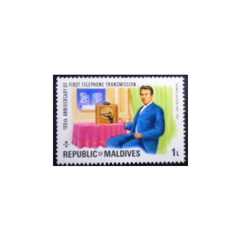 Imagem do selo postal das Maldivas de 1976 Thomas Alva Edison anunciado