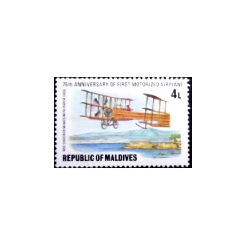 Imagem do selo postal das Maldivas de 1977 First Motorized Airplane anunciado