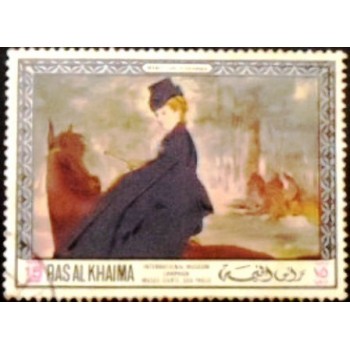 Imagem do selo postal de Ras Al Khaima de 1968 Amazon on horseback anunciado