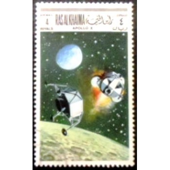 Imagem do selo postal de Ras Al Khaima de 1969 Landing Apollo 10 anunciado