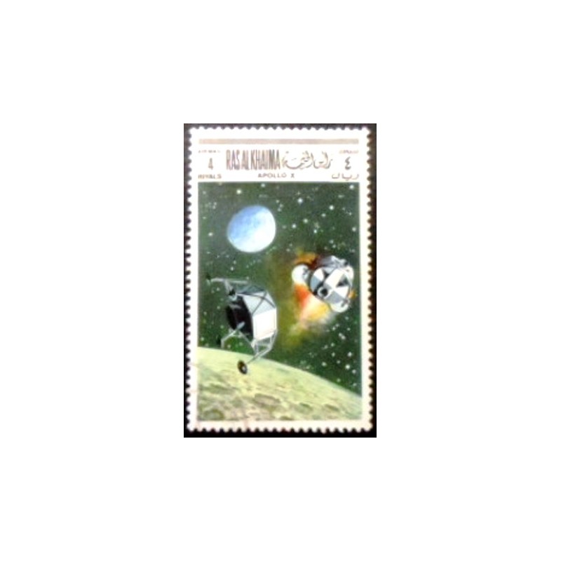 Imagem do selo postal de Ras Al Khaima de 1969 Landing Apollo 10 anunciado