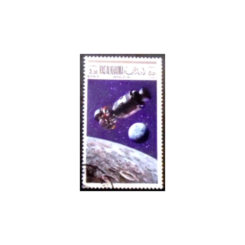 Imagem do selo postal de Ras Al Khaima de 1969 - Apollo 11 MCC anunciado
