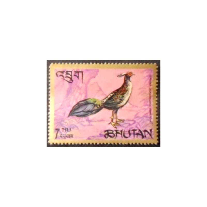 Imagem do selo postal do Bhutão de 1968 Himalayan Monal M anunciado
