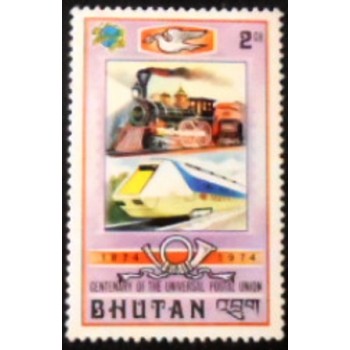 Imagem do selo postal do Bhutão de 1974 Steam locomotive & High speed train anunciado