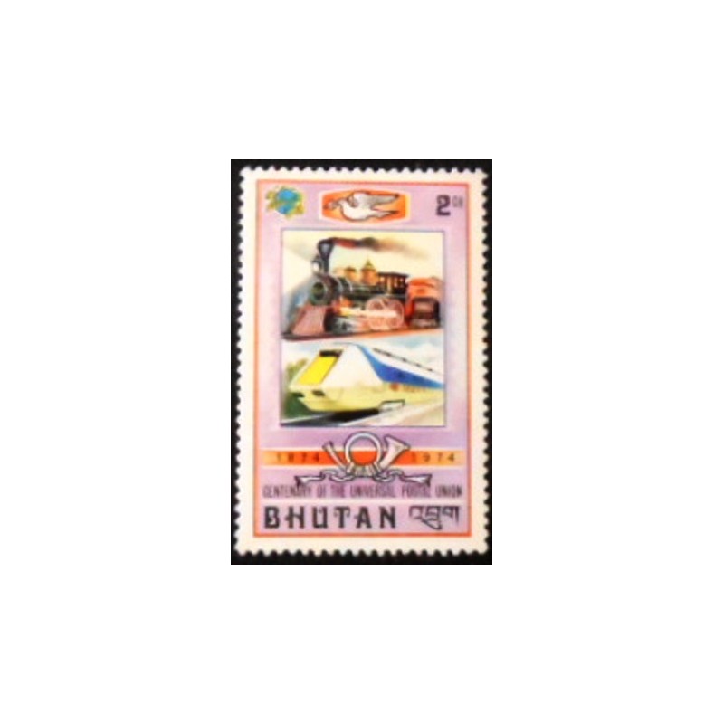 Imagem do selo postal do Bhutão de 1974 Steam locomotive & High speed train anunciado