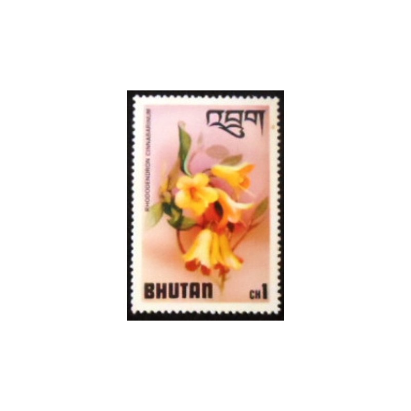 Imagem do selo postal do Bhutão de 1976 Rhododendron cinnabarinum anunciado