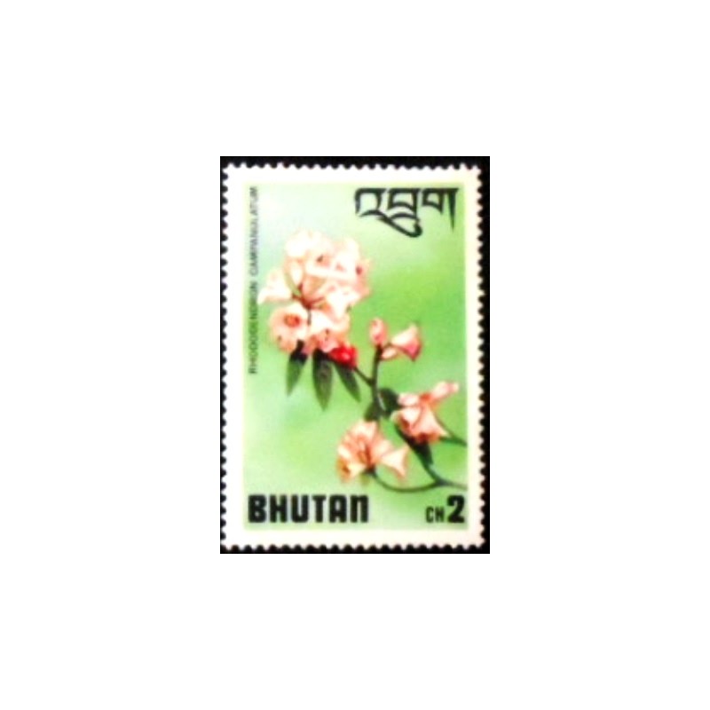 Imagem do selo postal do Bhutan de 1976 Rhododendron campanulatum M anunciado