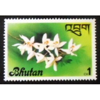 Imagem do selo postal do Bhutan de 1976 Coelogyne Nitida M anunciado