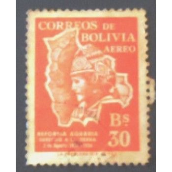 Imagem do selo postal da Bolívia de 1954 Highlander inside Map of Bolivia anunciado