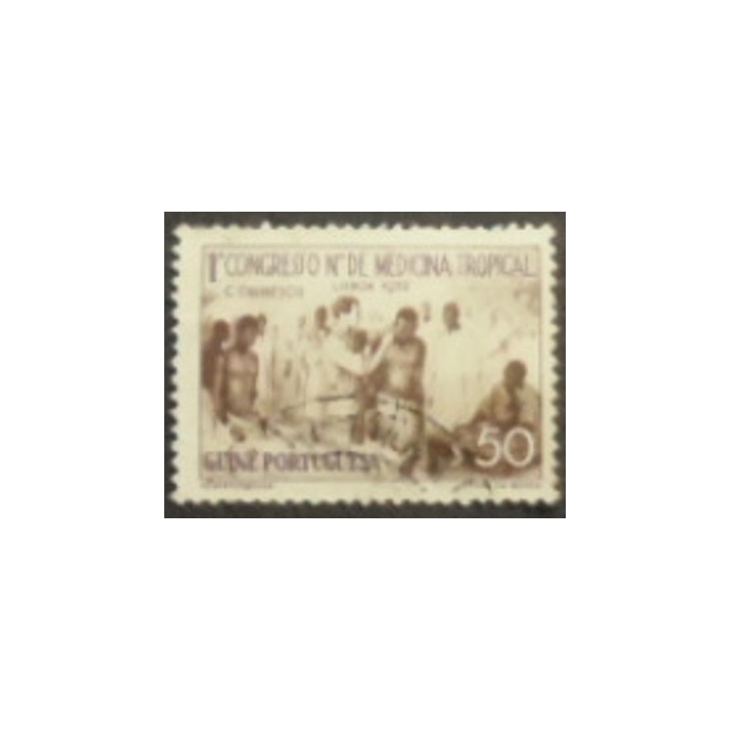 Imagem do selo postal da Guiné Portuguesa de 1952 Therapie from Aborigine anunciado