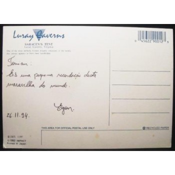 Imagem do Cartão postal dos Estados Unidos de 1994 Luray Caverns anunciado verso