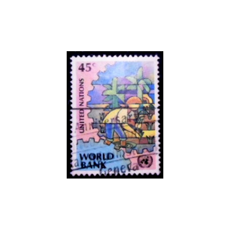 Imagem do selo postal da ONU Nova Iorque de 1989 World Bank anunciado