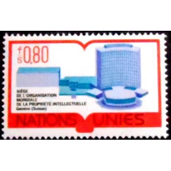 Imagem do selo postal das Nações Unidas Genebra de 1977 Building anunciado