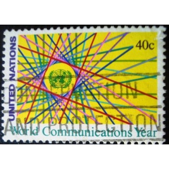Imagem do selo postal das Nações unidas de 1983 World  Communications Year anunciado