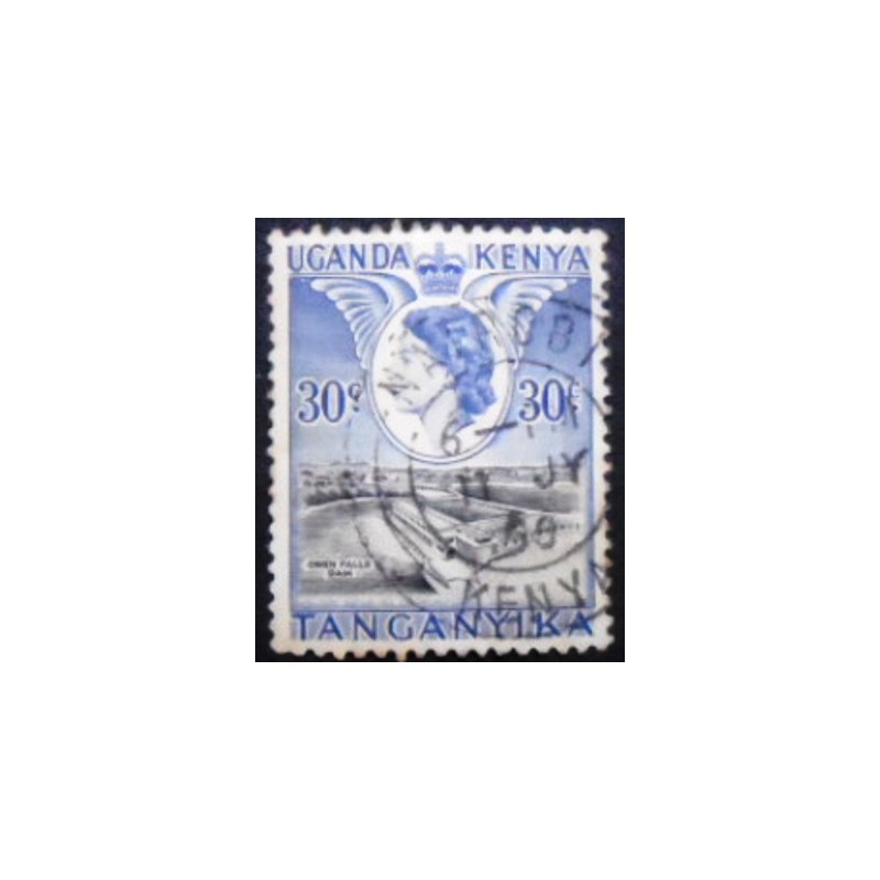 Imagem similar à do selo postal da África Oriental Britânica de 1954 Owen Falls Dam anunciado