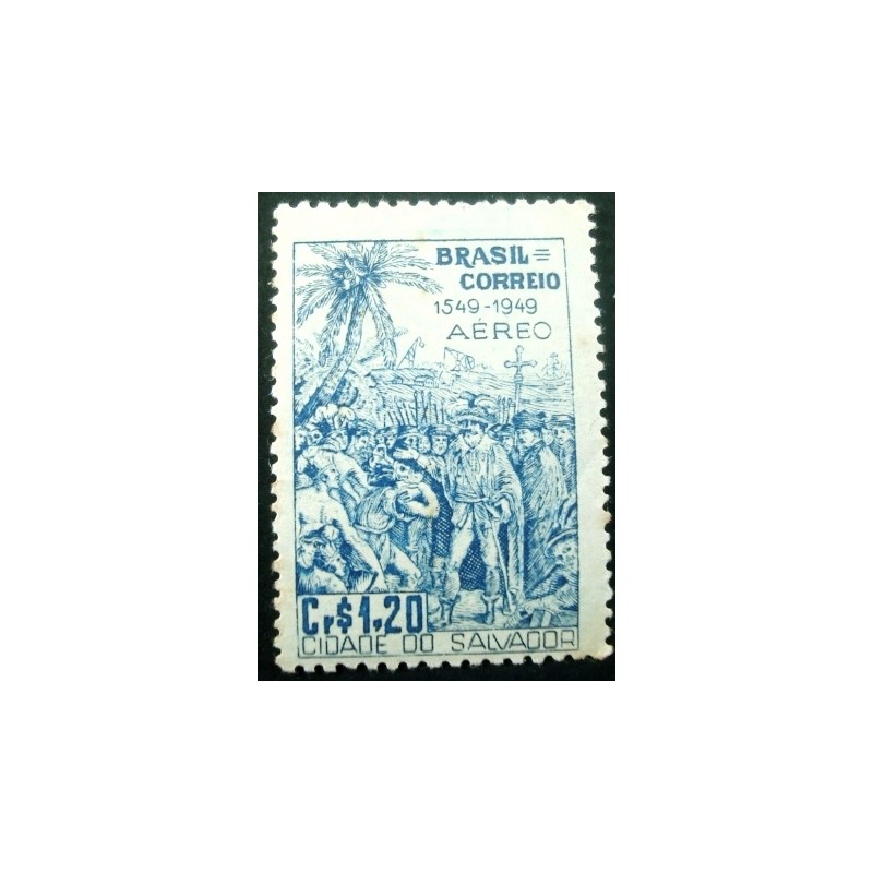 Imagem do selo postal do Brasil de 1949 - Cidade de Salvador M anunciado
