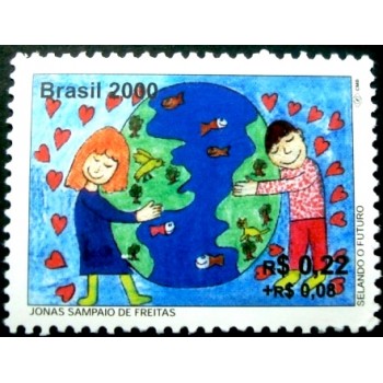 Imagem do selo postal do Brasil de 2000 - Criança e Globo M anunciado