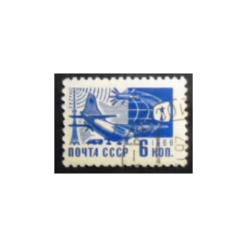 Imagem similar à do selo postal da União Soviética de 1966 Antonov An-10A and satellite U