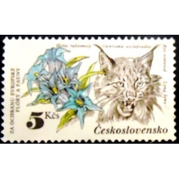 Imagem do selo Postal da Tchecoslovaquia de 1983 Eurasian Lynx and Willow Gentian anunciado