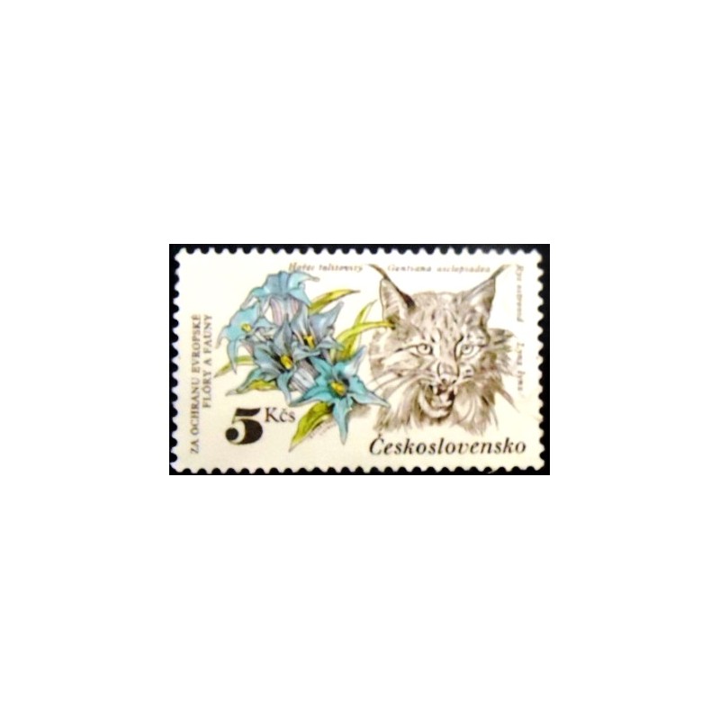 Imagem do selo Postal da Tchecoslovaquia de 1983 Eurasian Lynx and Willow Gentian anunciado