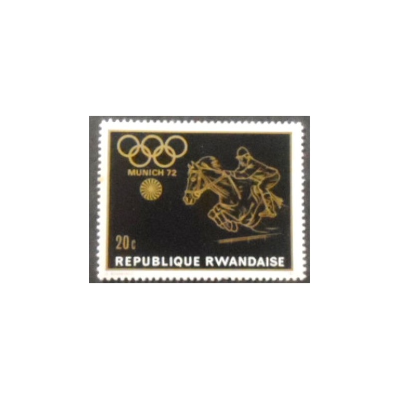 Imagem do selo postal de Ruanda de 1971 Equestrian anunciado