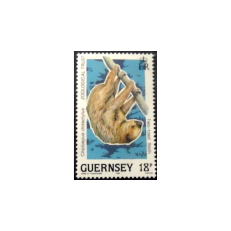 Imagem do selo postal de Guernsey de 1989 Linnaeus's Two-toed Sloth anunciado