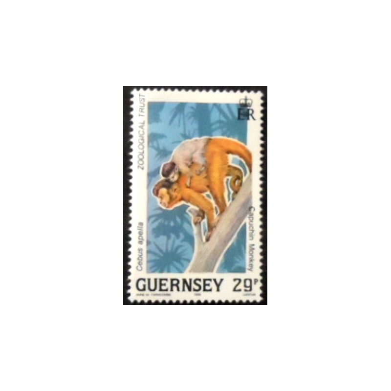Imagem do selo postal de Guernsey de 1989 Brown Capuchin Monkey anunciado