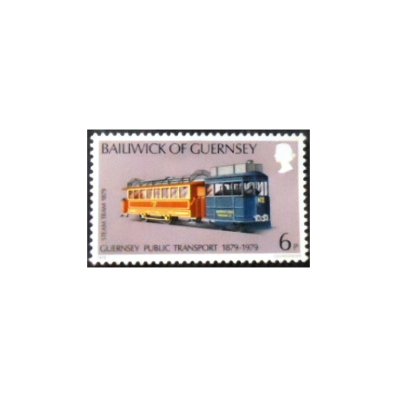 Imagem do selo postal de Guernsey de 1979 Steam Tram 1879 anunciado