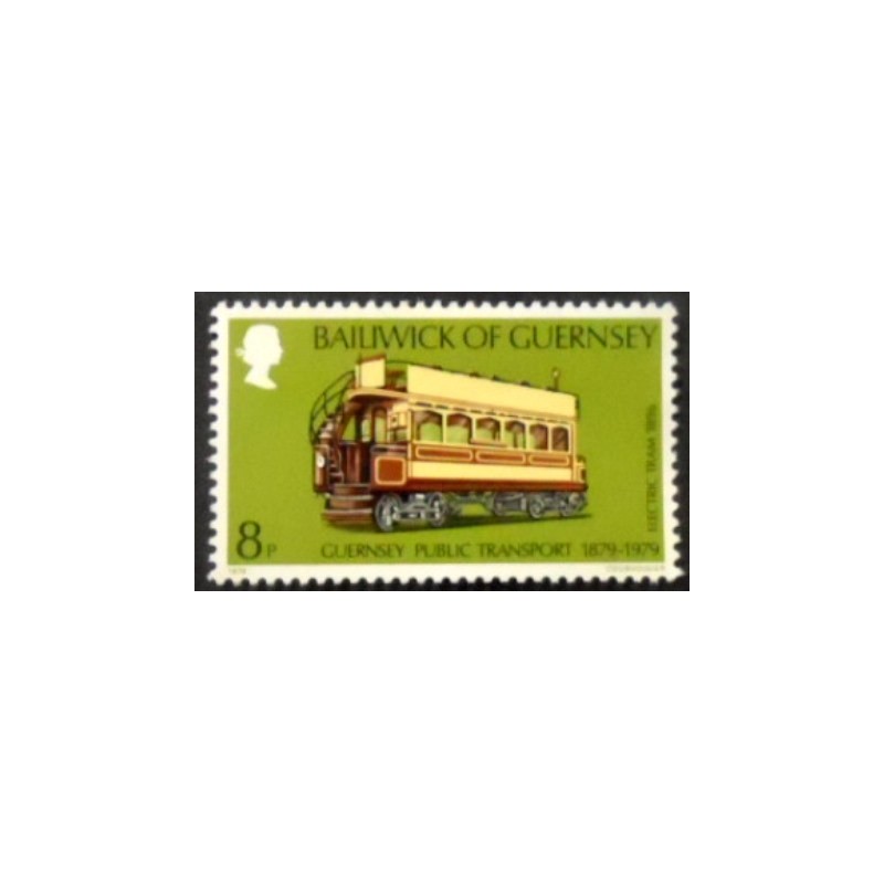 Imagem do selo postal de Guernsey de 1979 Electric Tram 1896 M anunciado