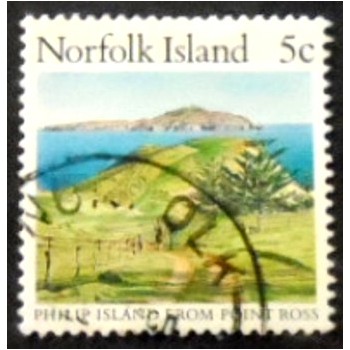 imagem do selo postal de Norfolk Island de 1988 Philip Island from Point Ross anunciado