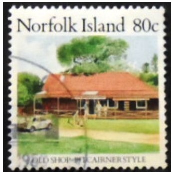 Imagem do selo postal de Norfolk Island de 1987 Pitcairner-style Shop anunciado