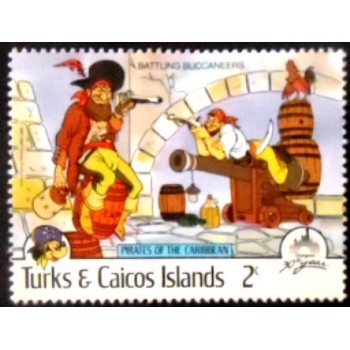 Imagem do selo postal das Ilhas Turco e Caicos de 1985 Battling buccaneers