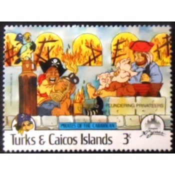 Imagem do selo postal das Ilhas Turco e Caicos de 1985 Plundering privateers