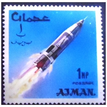 Imagem do selo postal de Ajman de 1966 Atlas launch vehicle