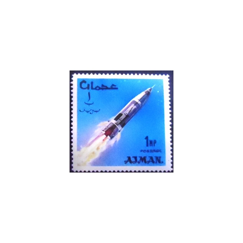 Imagem do selo postal de Ajman de 1966 Atlas launch vehicle