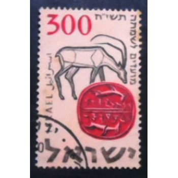 Imagem do selo postal de Israel de 1957 Netanyahuv Ne'avadyahu and Gazelle anunciado