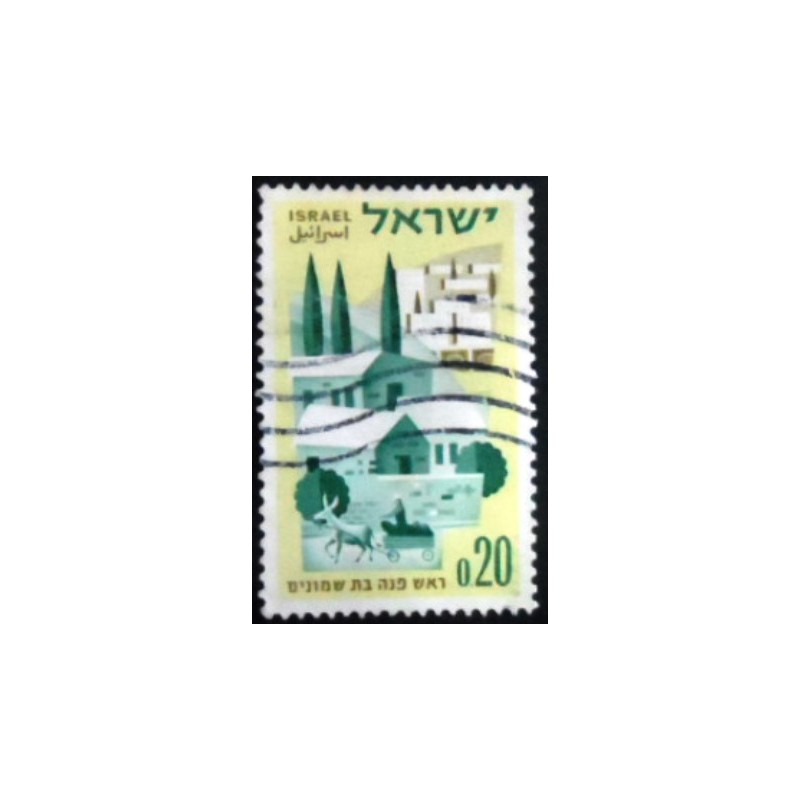 Imagem do selo postal de Israel de 1962 Settlement of Rosh Pinna anunciado