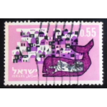 Imagem do selo postal de Israel de 1963 Jonah remained in the bowels of the fish anunciado