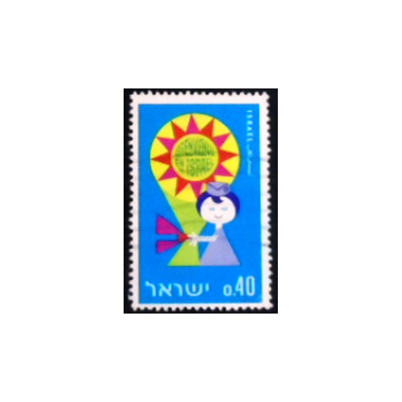 Imagem do selo postal de Israel de 1967 Emblem and Doll 40 U anunciado