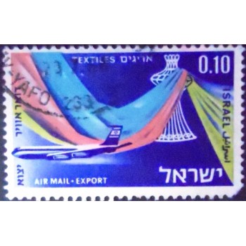 Imagem do selo postal de Israel de 1968 Jet and draped curtains U anunciado