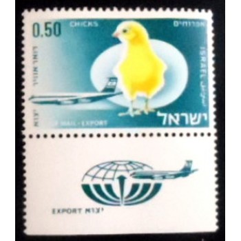 Imagem do selo postal de Israel de 1968 Chicken Egg Jet anunciado